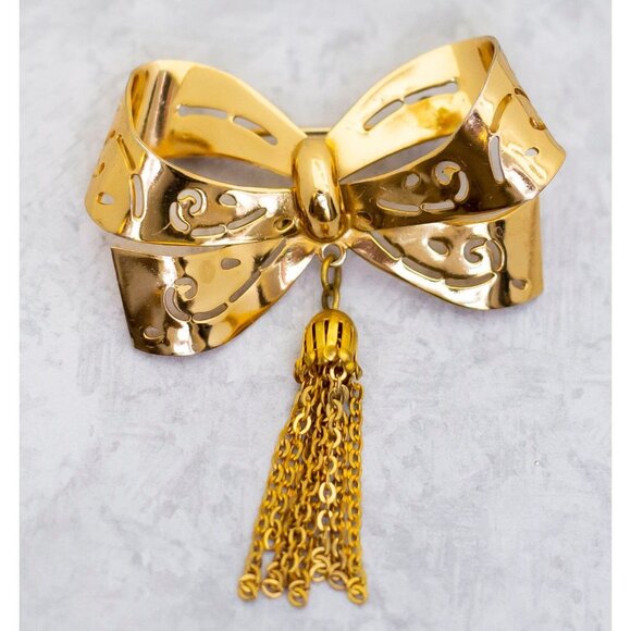 Vintage Ribbon Gold Tone Tassel Dangle Brooch - CM1 - Picture 2 of 3